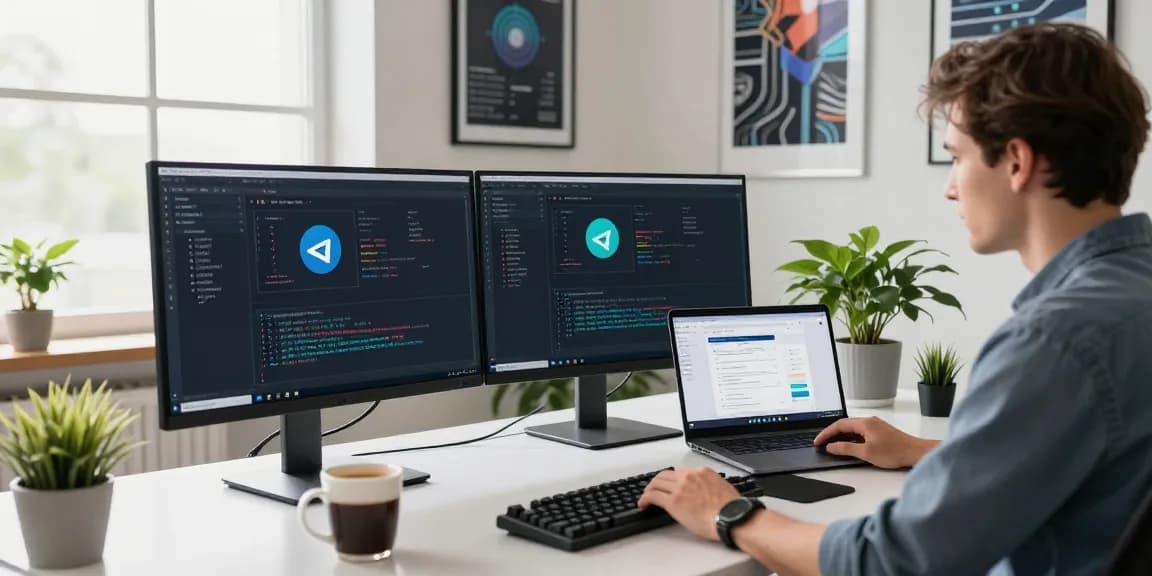Download Telegram in a modern tech workspace with coding setup, showcasing productivity and innovation.