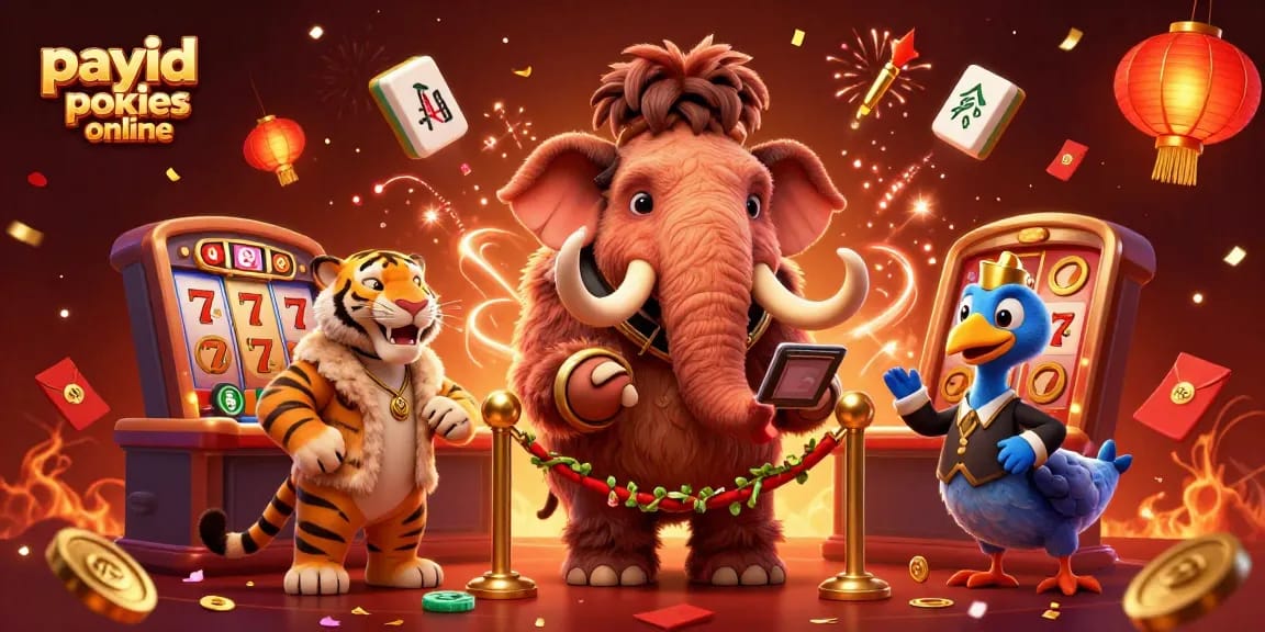 Play payid pokies online with dynamic characters and festive casino elements in an engaging illustration.