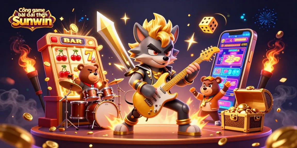Experience the thrill at Cổng game bài đổi thưởng Sunwin with vibrant scene featuring jackpot wins and exciting characters.