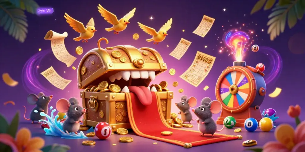 Experience the excitement of gambling with "xem thêm" featuring dynamic lottery balls and a treasure chest promising riches.