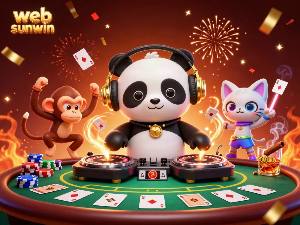 Experience excitement at web sunwin with lively casino vibes featuring a DJ panda and playful characters.
