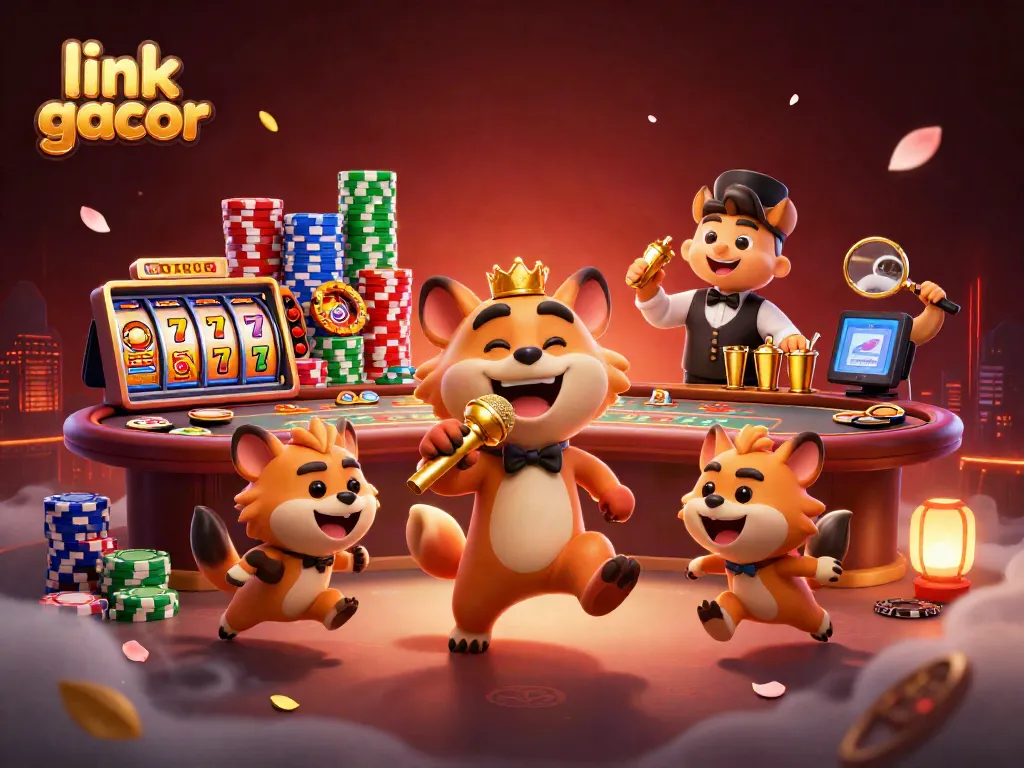 Experience victories at link gacor in a lively casino scene with animated hyenas and vibrant gaming elements.