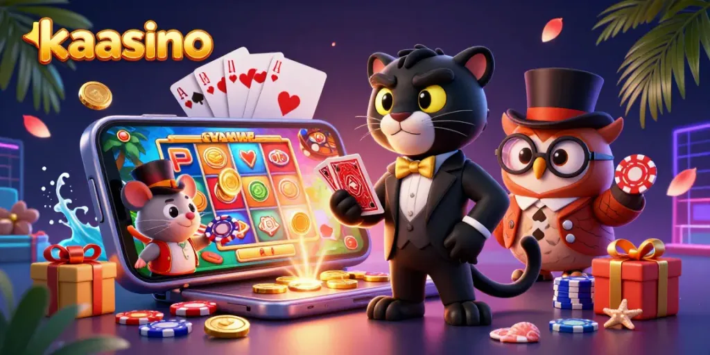 Kaasino cartoon scene featuring a stylish panther, owl, and lucky mouse surrounded by vibrant gambling elements.