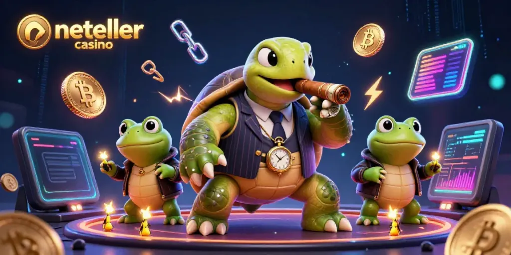 Experience the excitement at neteller casino with a vibrant 3D illustration including a mobster turtle, bullfrog enforcers, and neon crypto elements.