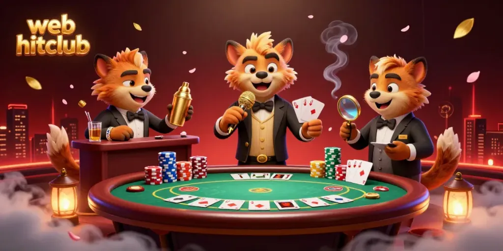 Experience lively gaming fun at web hitclub with hyenas in a comedy casino, featuring poker elements.