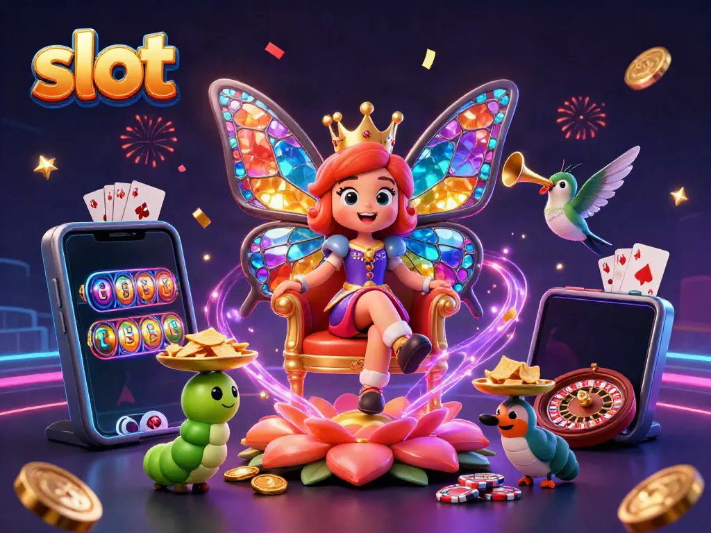 Spin the reels of colorful slot games in a vibrant digital casino scene.