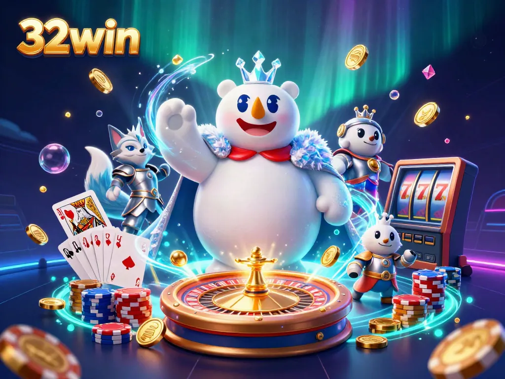 Experience exciting gaming at 32win with cascading coins, vibrant poker chips, and spinning roulette wheel.