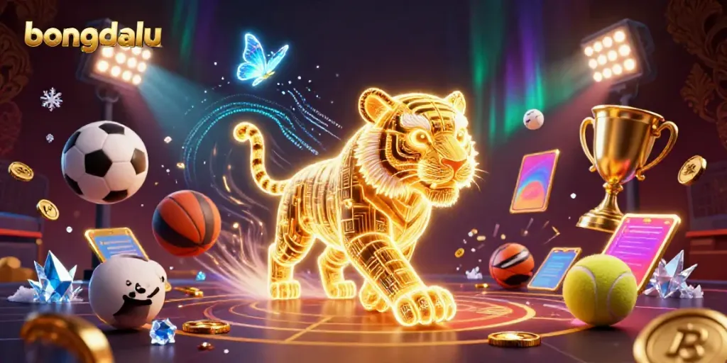 Bongdalu brings action with a golden tiger and sports elements in a vibrant digital casino scene.