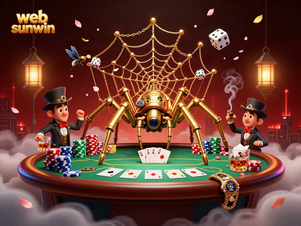 Experience the excitement of web sunwin with dynamic casino action, featuring a steampunk spider and poker elements.