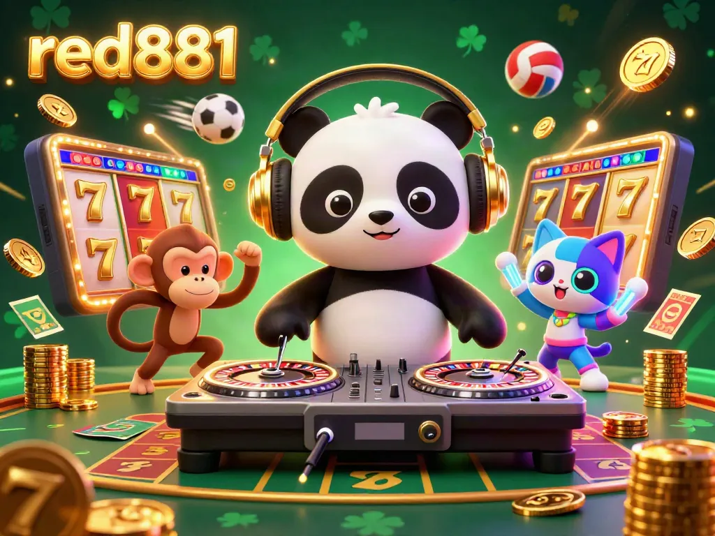 Exciting gaming scene showcasing red881 with lively 3D characters and slot elements, creating a vibrant atmosphere.