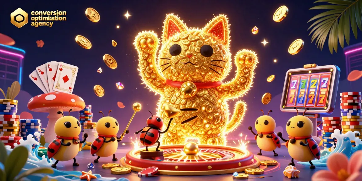 Visualize conversion optimization agency elements in a fun casino scene with a lucky cat and sparkling gems.