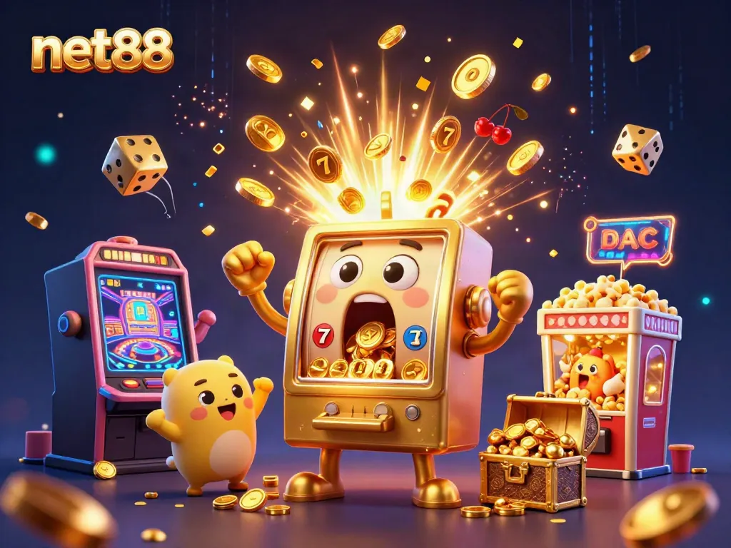 Experience the thrill of net88 with a golden slot machine hitting the jackpot amidst flying coins and cheering baby slots.