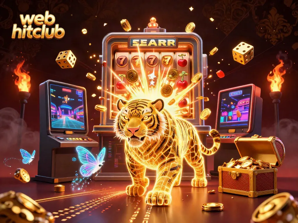 Engage in thrilling play at web hitclub with a vibrant digital casino scene showcasing a golden tiger and slot machines.