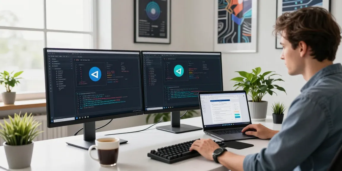 Download Telegram in a modern tech workspace with coding setup, showcasing productivity and innovation.