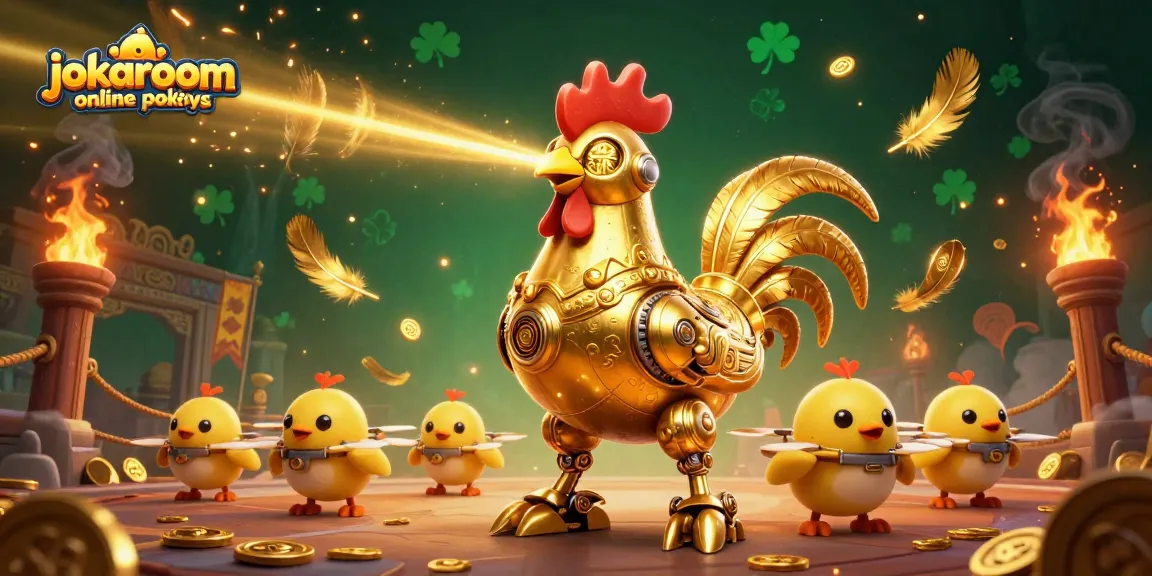 Engage with jokaroom online pokies in a vibrant, action-packed casino scene featuring a golden rooster robot.