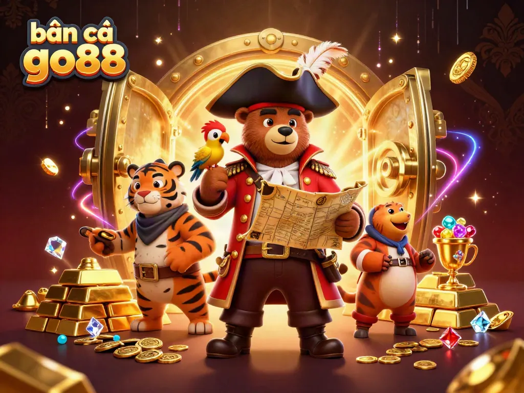 Experience exciting bắn cá go88 action with pirate-themed characters and treasure-filled scene.
