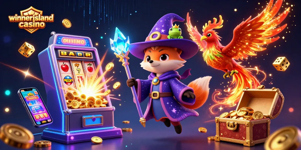 Engage with winnerislandcasino through a magical 3D scene featuring a wizard, phoenix, and immersive casino elements.