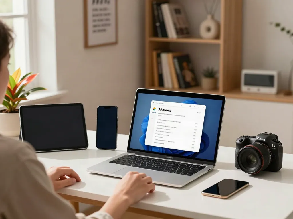 Pikashow download for Windows showcased in a modern home office with a laptop, plant, and warm lighting.