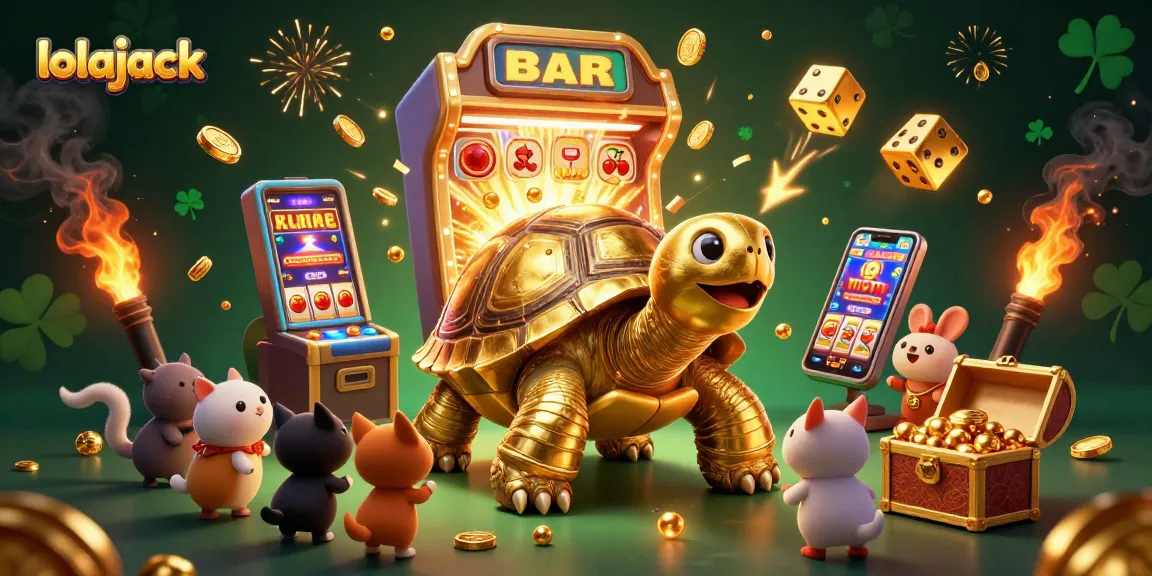 Spin the reels at lolajack casino with golden tortoise, slot machines, and jackpot excitement!