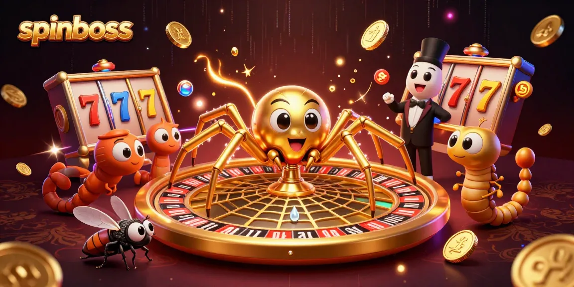 Spinboss casino scene featuring a golden spider and centipede in a roulette-themed web, betting elements, and dynamic coins.
