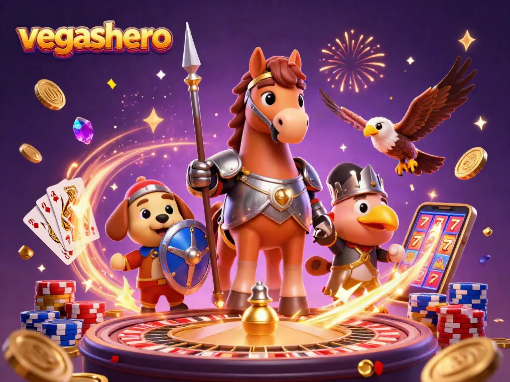 Experience the excitement of vegashero with a knight, puppy, and falcon among vibrant casino elements.