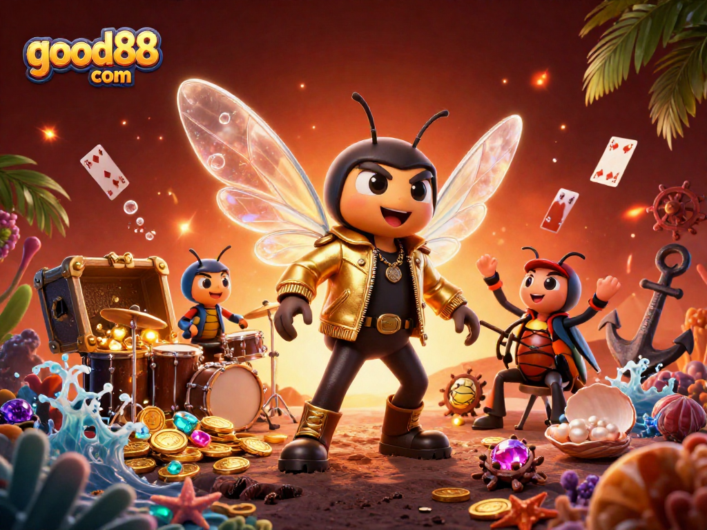 Play exciting games at good88 com: A vibrant 3D scene with characters and casino elements.