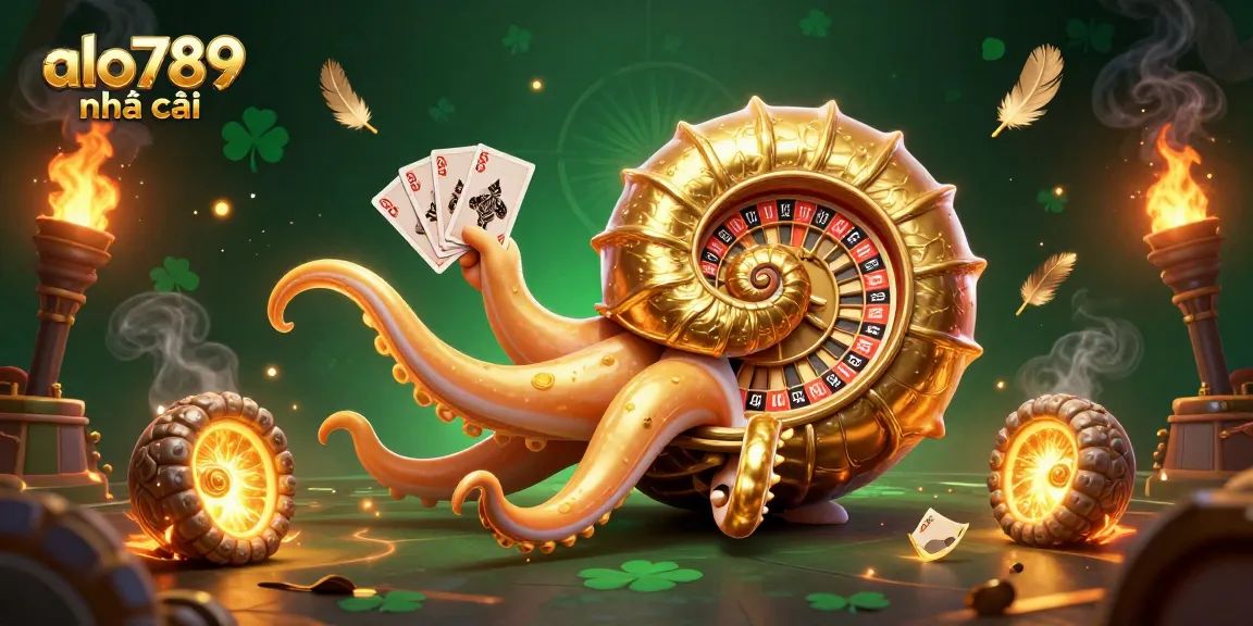 Alo789 nhà cái delivers intense cockfighting action with a dynamic 3D illustration featuring a giant nautilus roulette wheel.