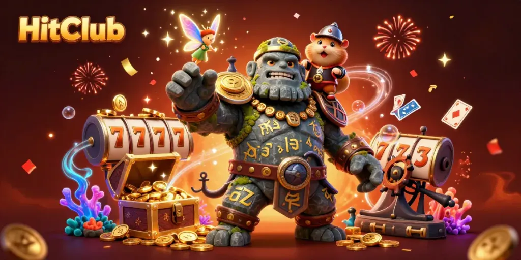 HitClub showcases an epic scene with a golem, fairy, and hamster knight amidst slot reels and treasure.